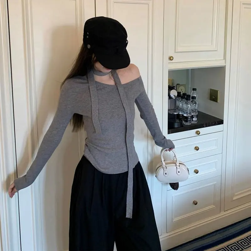 Fashionable Halter Ribbon Pullovers Female Clothing Solid Color Spring Autumn New Slim Skew Collar Off Shoulder Vintage T-shirts