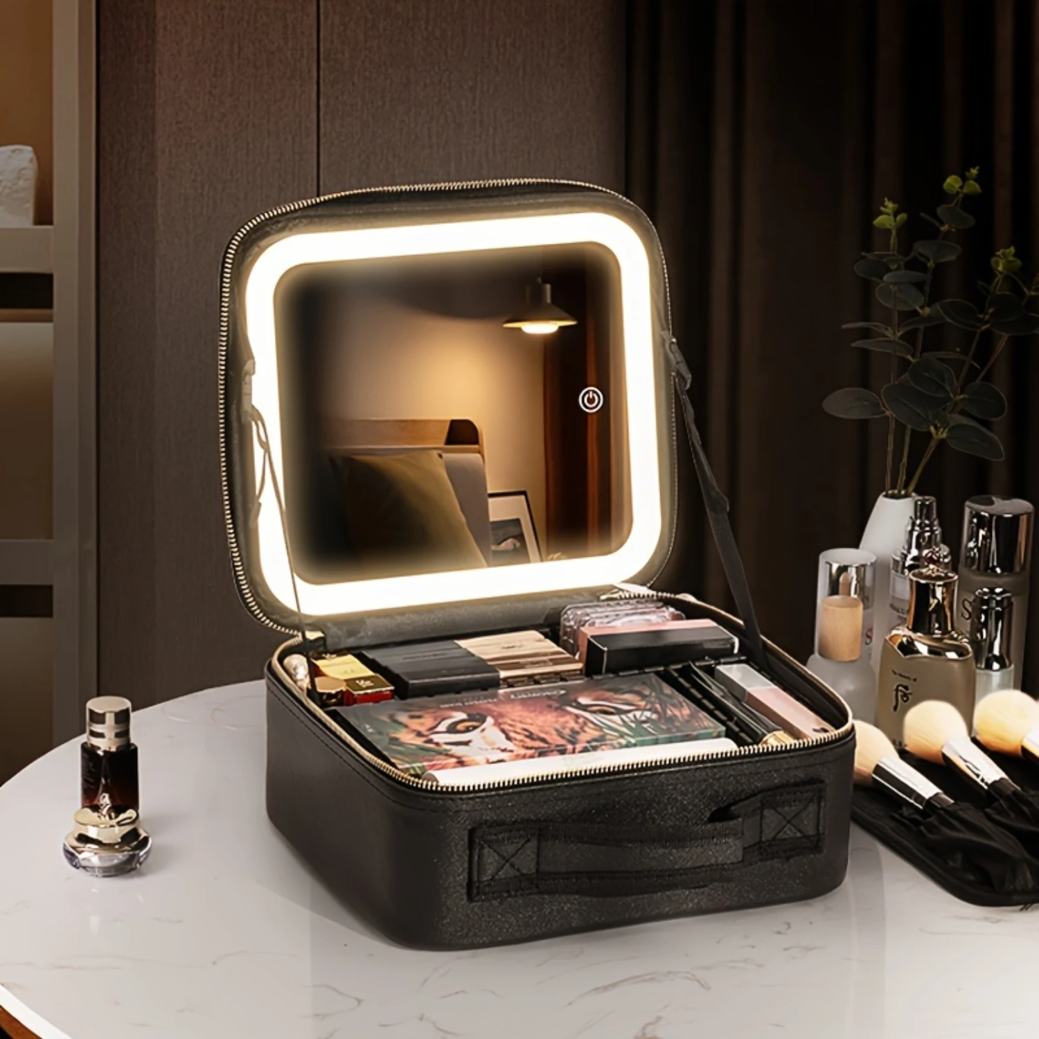 

Travel Makeup Bag With Detachable Mirror, 3 Color LED Adjustable Brightness, Waterproof Cosmetic Bag Train Case Makeup Organizer