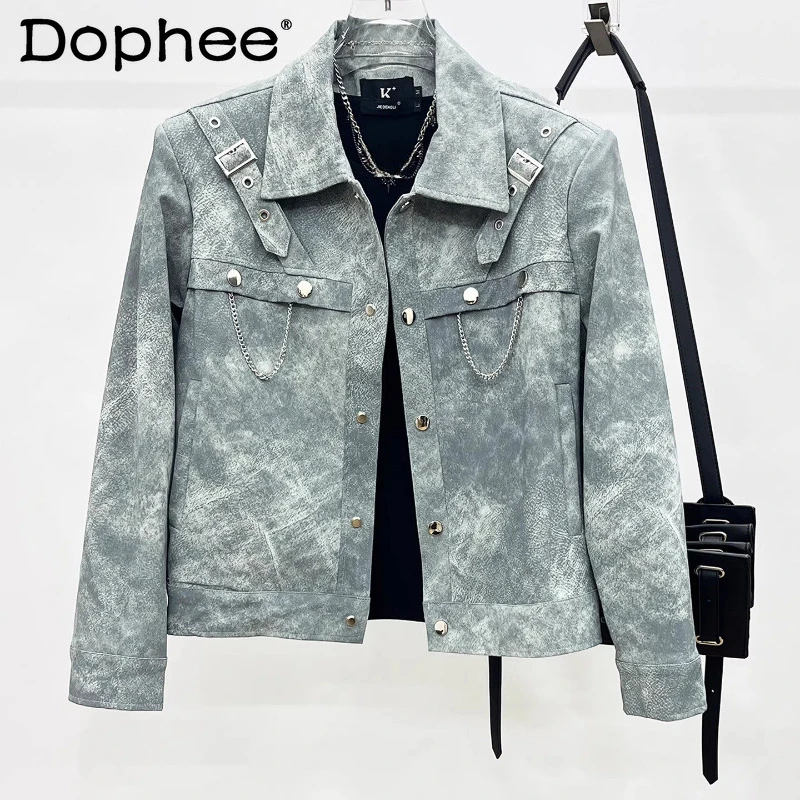 

High-End Handsome Faux Leather Jackets Men's 2025 Autumn New Trendy Loose Fashion Jackets Tops Male Chain Decoration Chic Coats