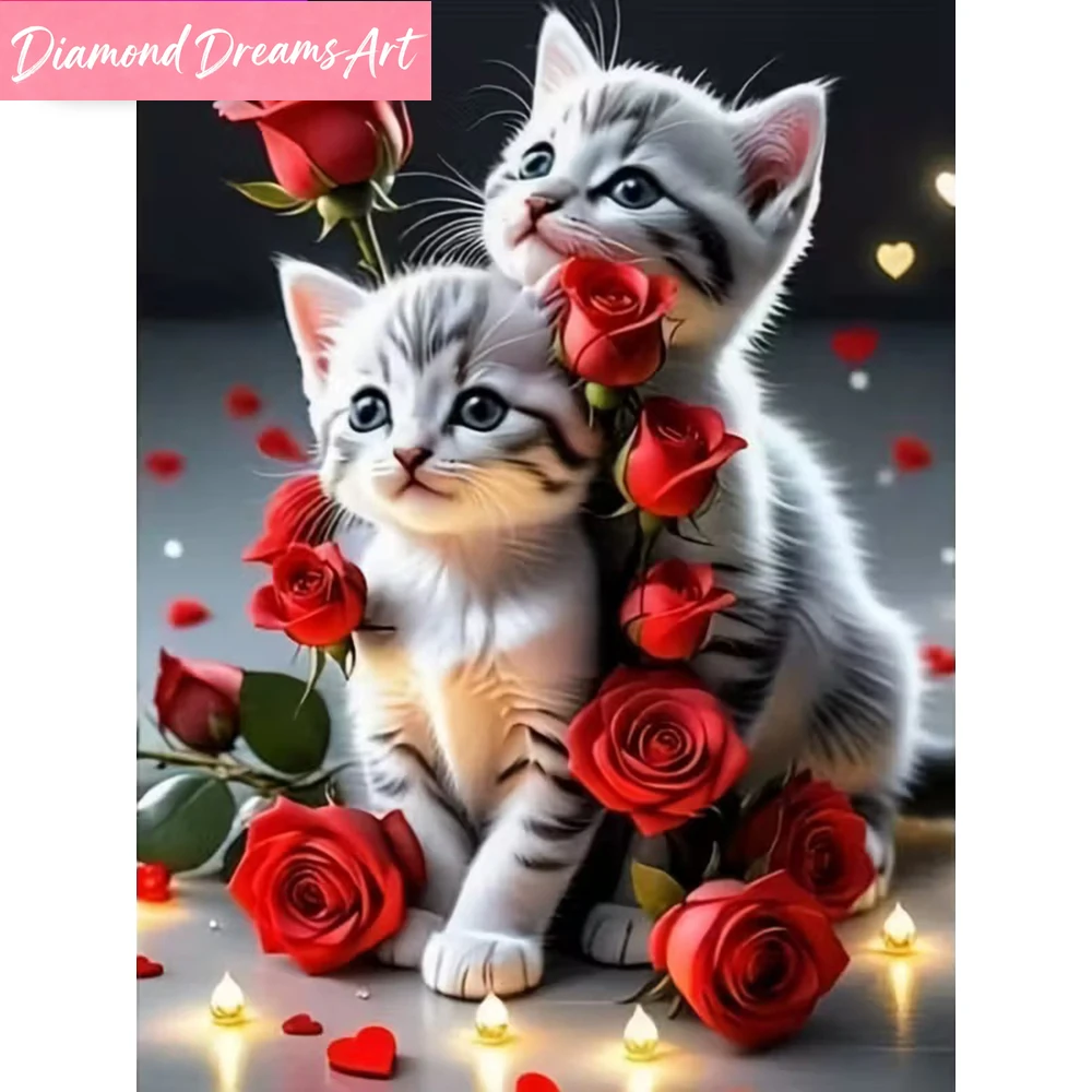 Vollquadratische Runde Diamant-Stickerei Katze Tier Malerei Rose Blume DIY Kreuzstich-Set Diamant-Mosaik Dekoration für Zuhause, Rahmen