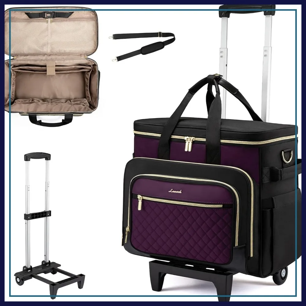 

Rolling Teacher Bag with Detachable Dolly, Large Tote for 17.3" Laptop, Quilted Purple Black
