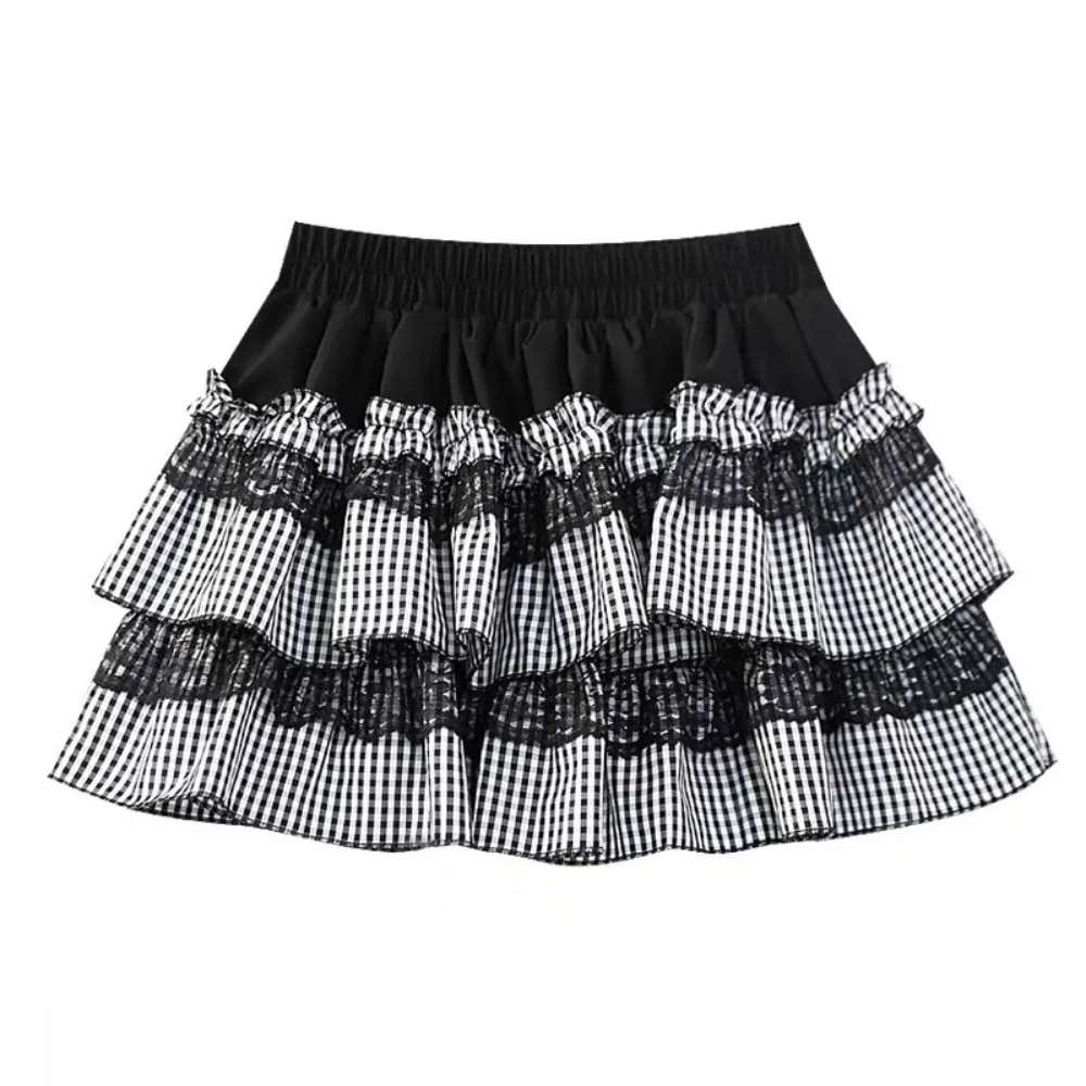 Lolita Lace Grid Cake Skirt Plaid Stripe High Waist JK A-line Short Skirt Sweet with Safety Pants Lace Pleated Mini Skirts Lady