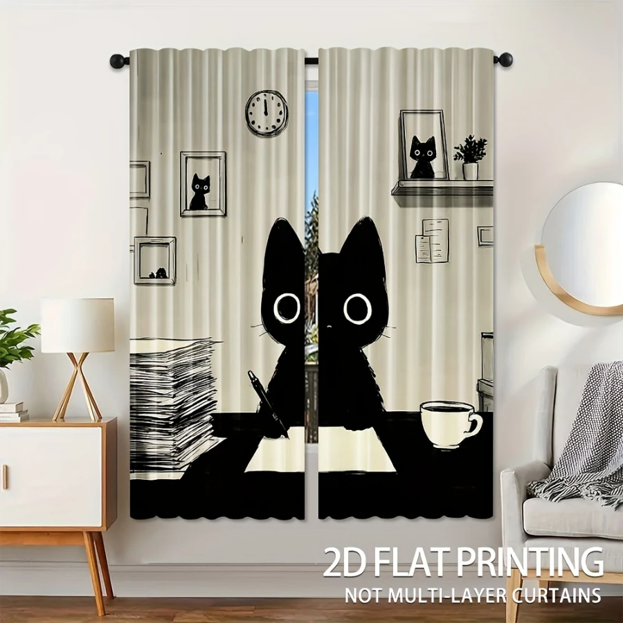 2PCS Digital Printed Curtains, Ink Cat Book Shadow Pattern, Beautiful Window Drapes for Living Room Bedroom Home Decor