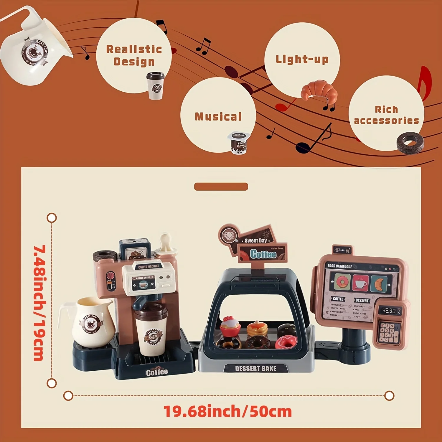 Conjunto de jogo de café, máquina de café de dramatização, caixa registradora interativa com som e luz, acessórios de cozinha