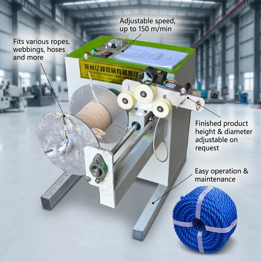 Automatic High Speed 0-150 M/min Adjustable Rope Coiler Rewinding Machine Industrial Plastic Rope Winder with Meter Counter