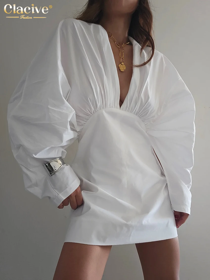 

Clacive Sexy Loose White Cotton Women Dress 2026 Fashion V-Neck Long Sleeve Mini Dresses Elegant Classic High Waist Female Dress