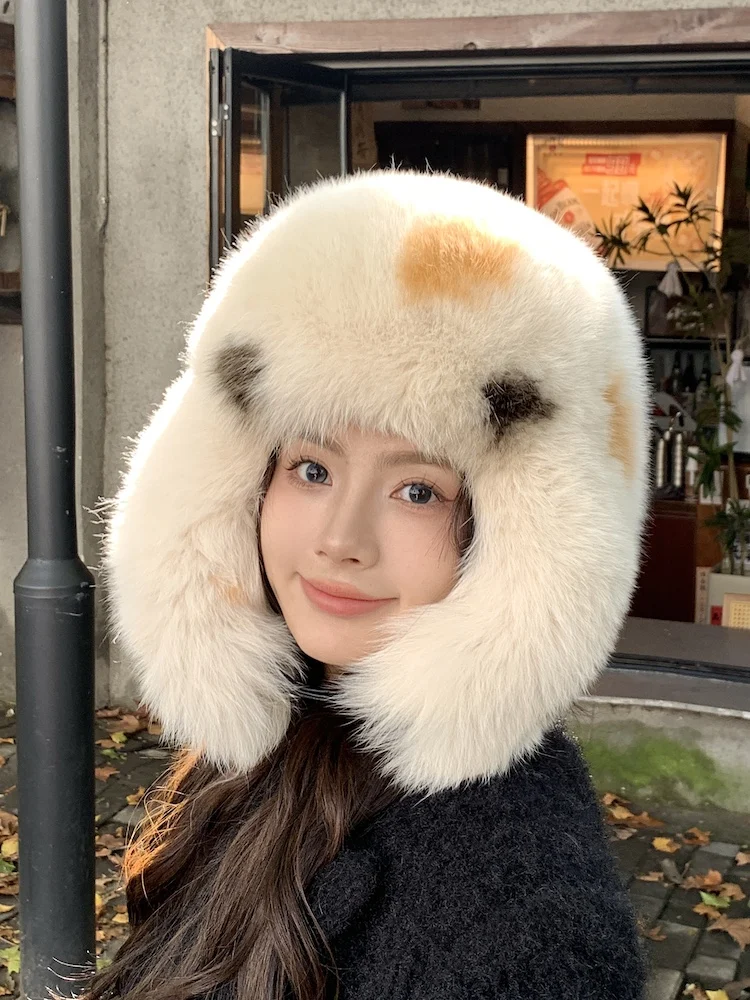 

Fox Fur Hat Winter Thickened Beanie Outdoor Windproof Warm Trapper Hat Earflap Ski Beanies