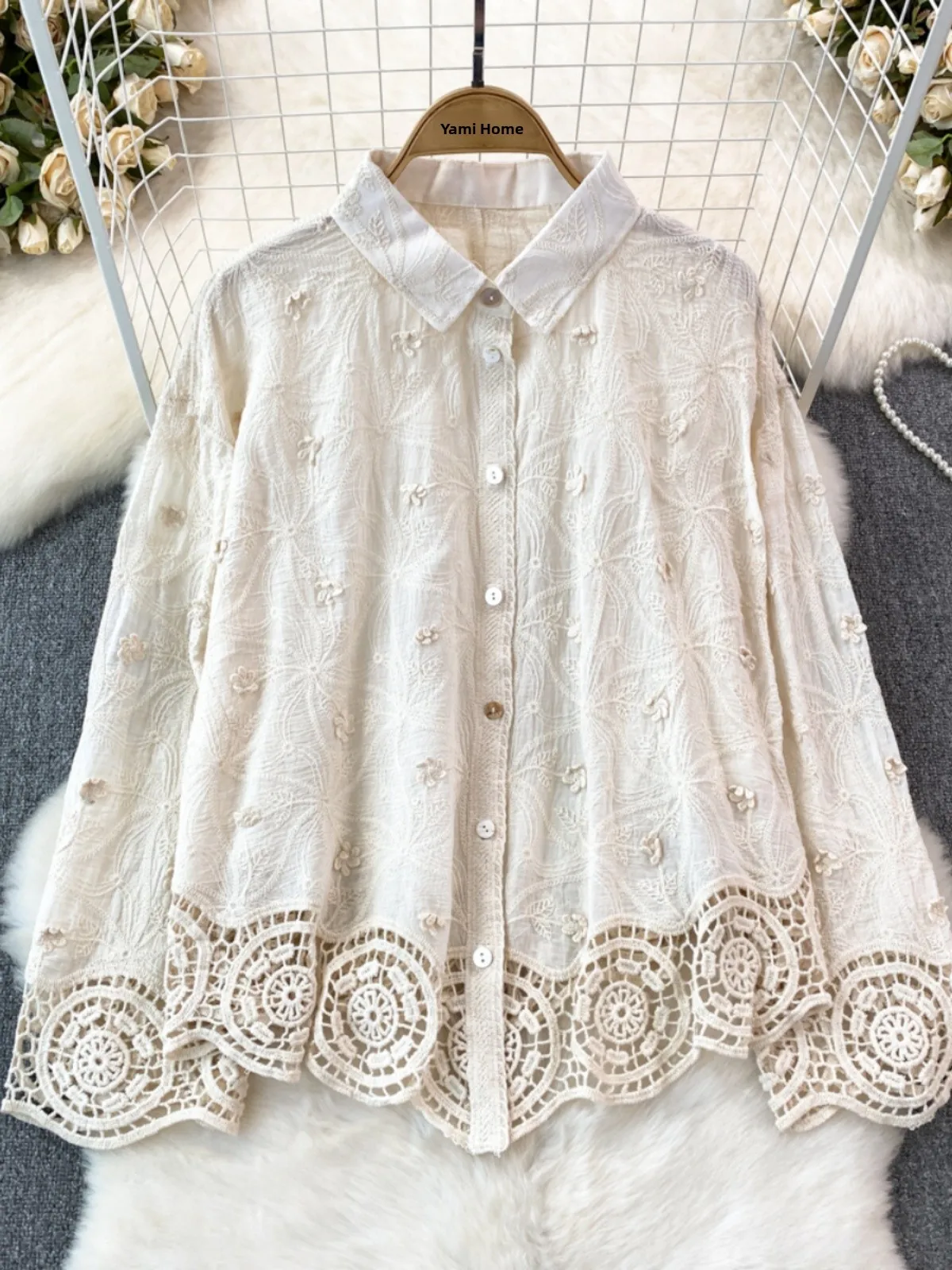 Primavera Autunno Faionable Lace Splice Bottone singolo Colletto lungo Sve irt Donna Casual Top Coreano Sle Colore puro