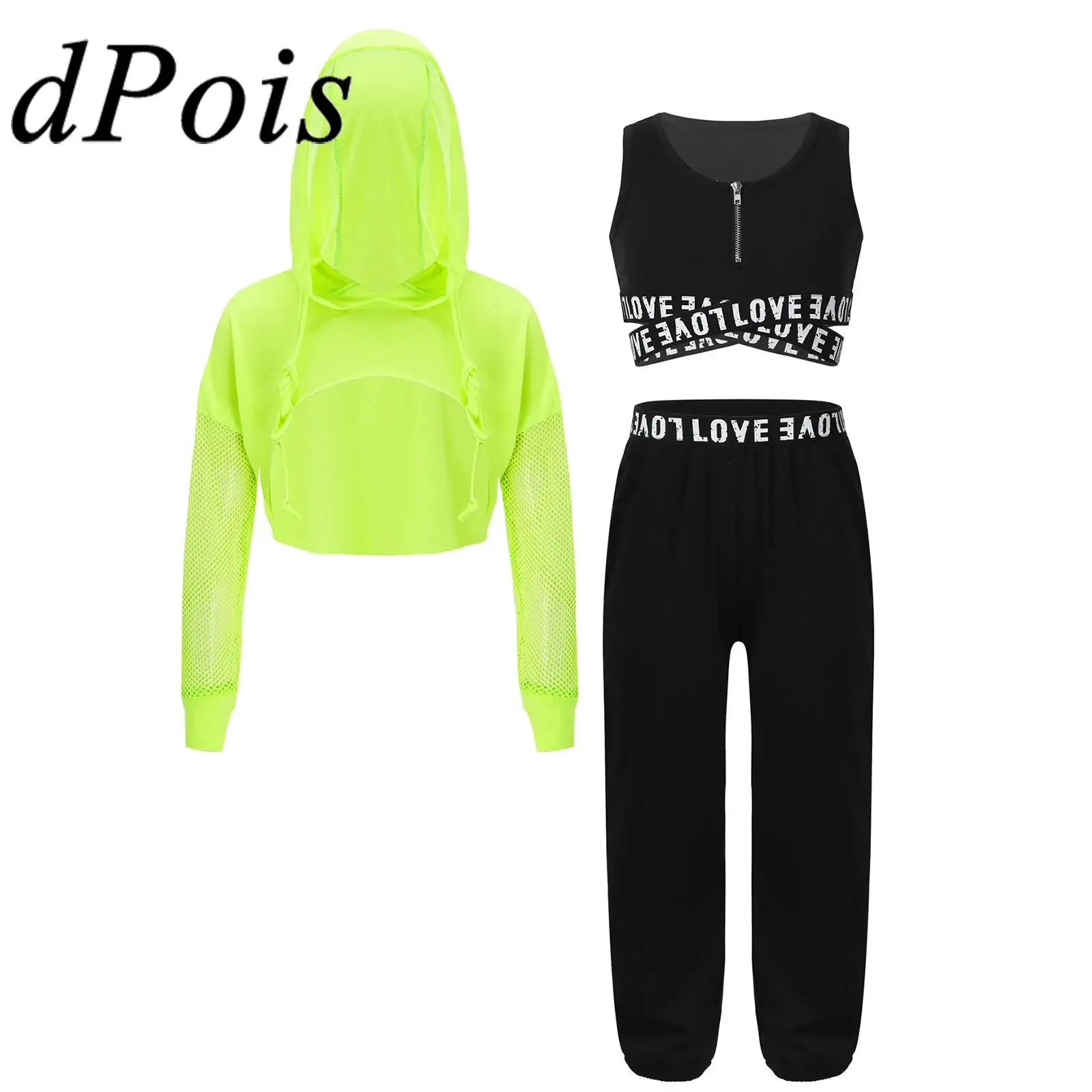 Kids Girls Streetwear Sports Set Fashion Girls Tracksuit Drawstring Hooded Tops Pants for Hip-Hop Modern Street Dance Clothes