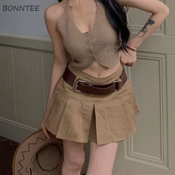 Women A-line Solid Mini Skirts Spring Summer Belt Stylish Preppy Style Students High Waisted Faldas Vintage Streetwear Simple