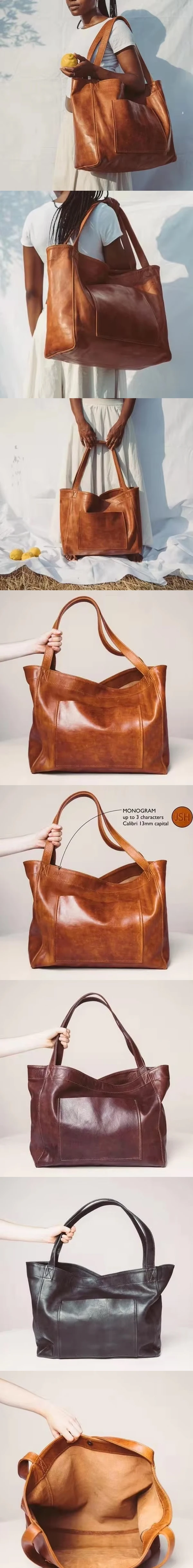 2025, Damentasche mit großem Fassungsvermögen und Seitentaschen, weiche Lederhandtasche, Schultertasche, Retro-Tragetasche aus gewachstem Leder für Damen – Detail 4