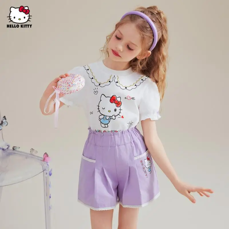 

Sanrio Hello Kitty, летний костюм для девочек, футболка из чистого хлопка, шорты, удобная милая детская одежда с героями мультфильмов для отдыха, дышащая одежда для отдыха