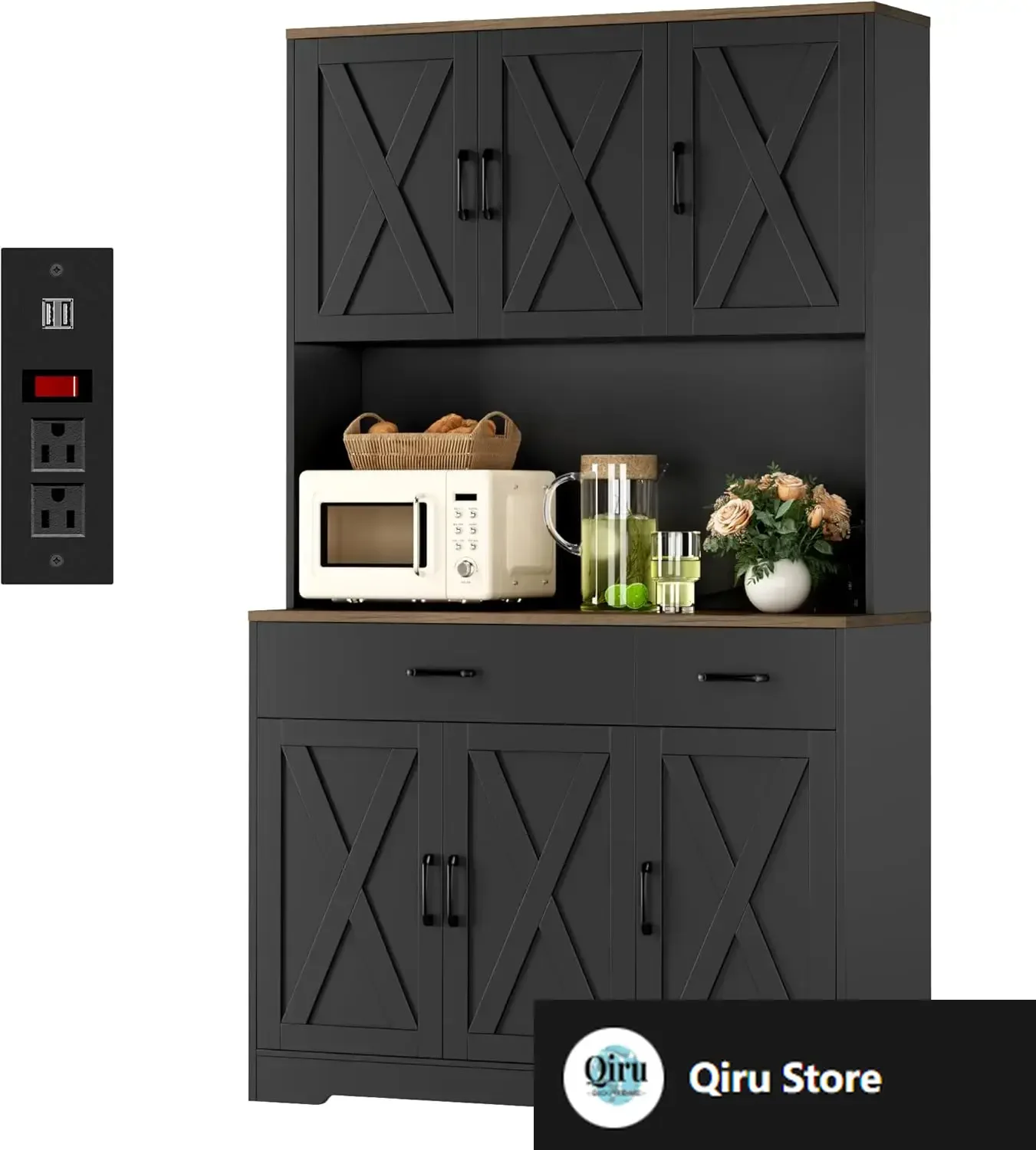 

71" Pantry Cabinet with Charging Station, Microwave Stand, Farmhouse Kitchen Hutch Cabinet for Living Room, Dining Room, Black