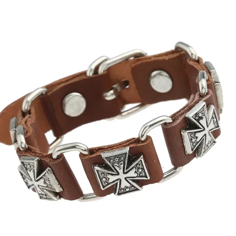 Retro Punk Connection Cowhide Alloy Cross Men\'s Leather Bracelet Brown Classic Trendy Casual Sporty Unisex Snap Button Jewelry