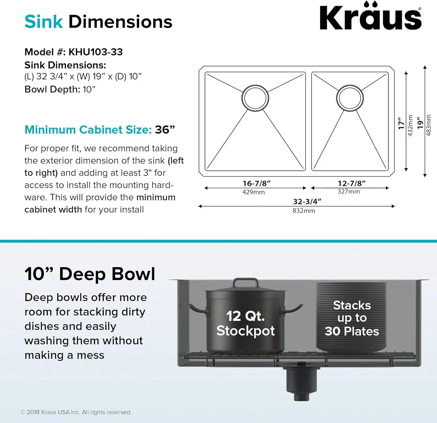 Kra2025 USA 33 นิ้ว 16 Gauge Undermount 60/40 อ่างล้างจานสแตนเลสแบบชามคู่, KHU103-33 19 "D x 32.75" W x 10.25 "H