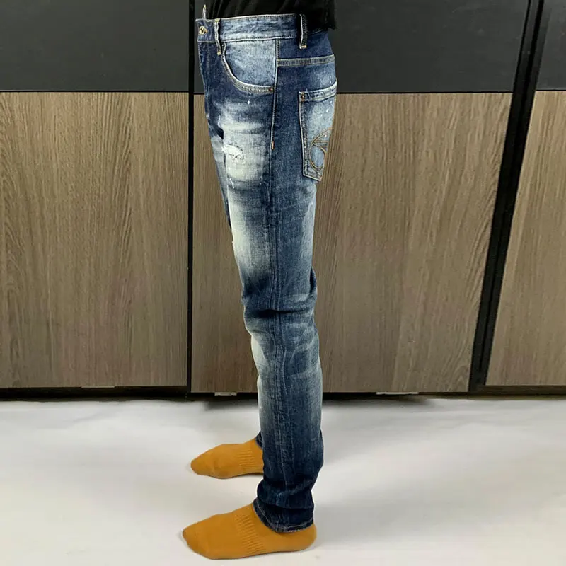 Streetwear Fashion Men Jeans Retro Blue Stretch Slim Fit Painted Ripped Jeans Men Embroidery Designer Hip Hop Brand Pants Hombre