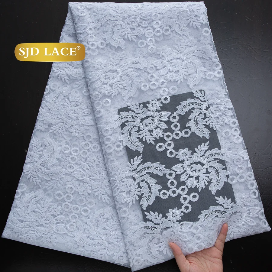 SJD LACE Pure White French Milk Silk Lace Fabric with Sequins 2025 Latest African Mesh Lace for Women Wedding Party Dresses Sew