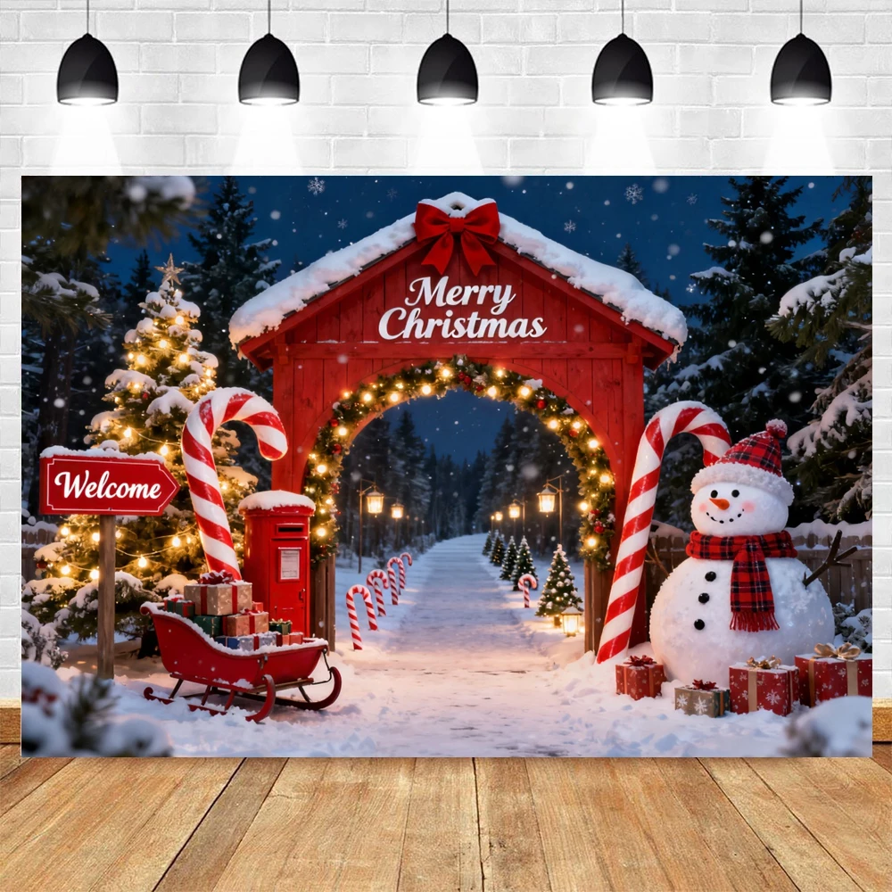 Merry Christmas Backdrop Arch Candy Cane Snowman Photography Background Family Portrait Festival Decor Backdrop Photo Studio