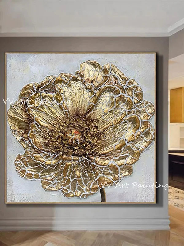 

Abstract Canvas 100% gold foil flower simple luxury picture wholesale product landscape oil painting for home kitchen decoration