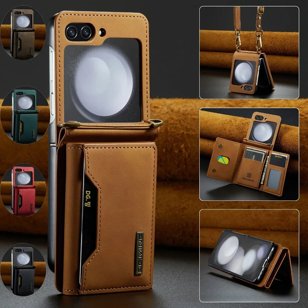 

Магнитный кожаный чехол-кошелек для карт, чехол для телефона Samsung Galaxy Z Flip6/Z Flip7/Z Flip4/Z Flip5 с регулируемым плечевым ремнем