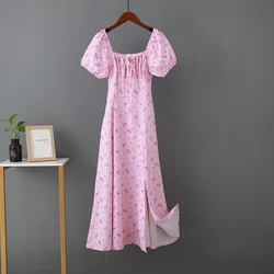 Women's Vintage Floral Printed long Dress Puff Sleeve Tie Up Sexy Dresses A-Line Print Split Long Elegant Summer dress