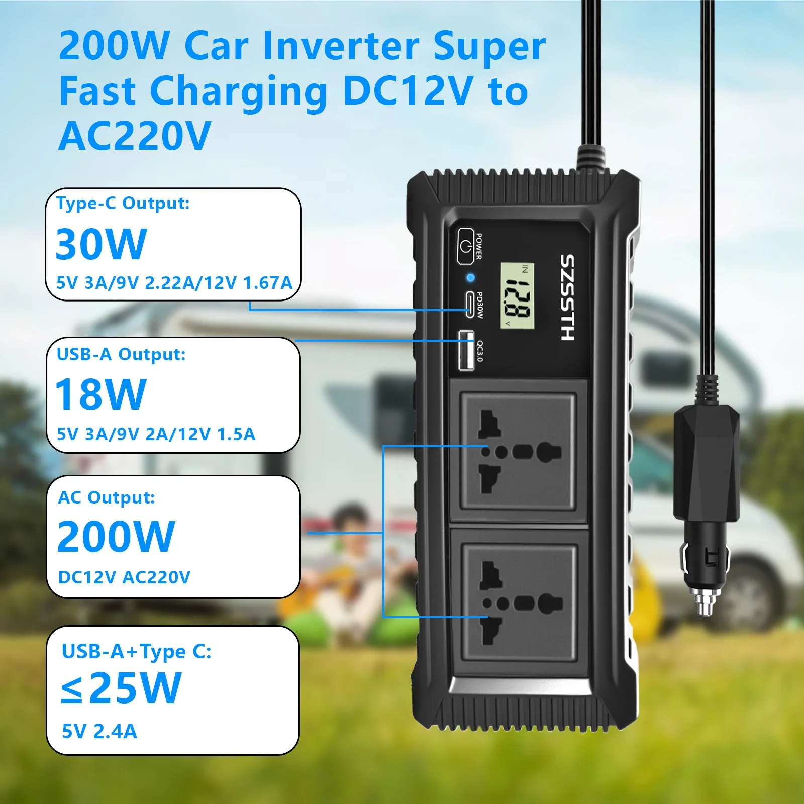 200W Car Power Inverter DC 12V to AC 110V/220V Power Inverter Converter Car Cigarette Lighter Adapter Featuring Two Power Socket