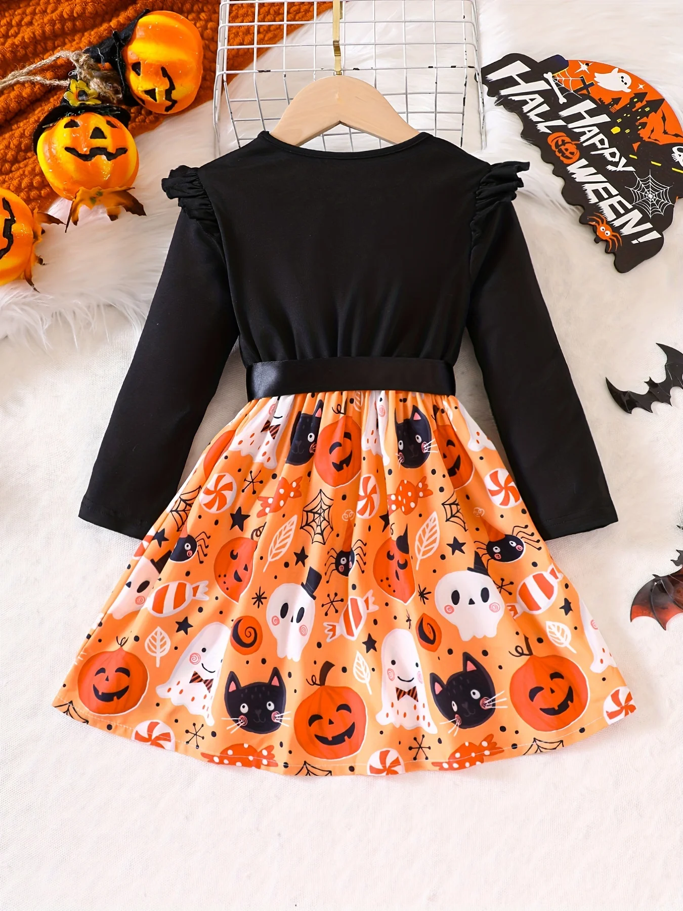 Mädchenkleidung, Mädchenkleid, Halloween-Kleid, gestricktes Langarmkleid mit Rundhalsausschnitt, Kleid mit Kürbis-Print, Party, Geschenk – Detail 3