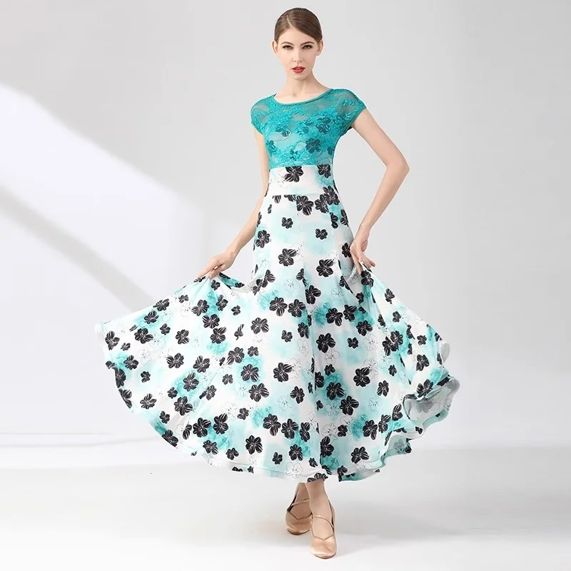 

New Green Flowers Printed Women's Modern Dance Performance Dress Short sleeved ballroom dance practice long skirt