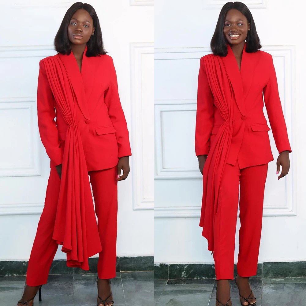 Traje de oficina rojo para mujer, Conjunto elegante de 2 piezas (Blazer + Pantalones) para niña negra, vestido Formal de fiesta de noche con envoltura