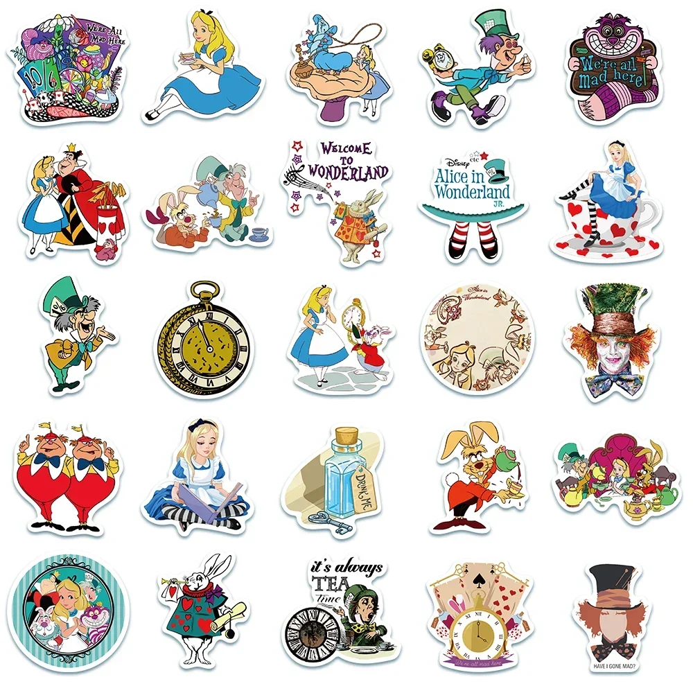 50PCS Disney Movie Alice in Wonderland Stickers Cartoon Graffiti Decals Laptop Phone Guitar Luggage Toy Sticker for Kids