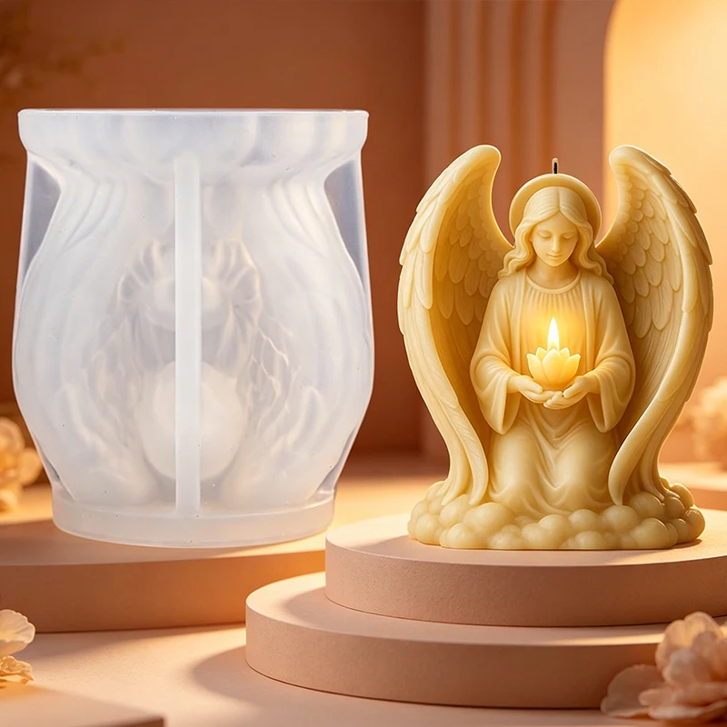 Moule en silicone 3D pour bougie, figurine religieuse, sculpture, savon aromatique, gypse, artisanat, décoration d'intérieur - Ange de prière avec ailes et lotus
