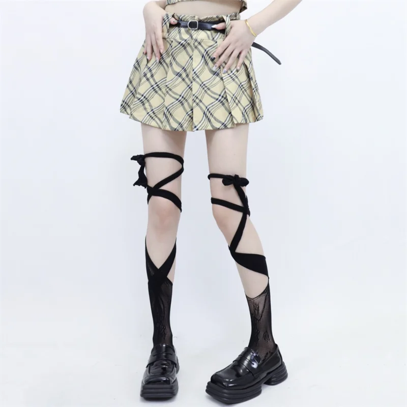 Lolita Cross-tie Kawaii Mesh Calf  Harajuku Irregular Straps Split Toe Fishnet Stockings Gothic Lace Hollow Out Thigh High Socks