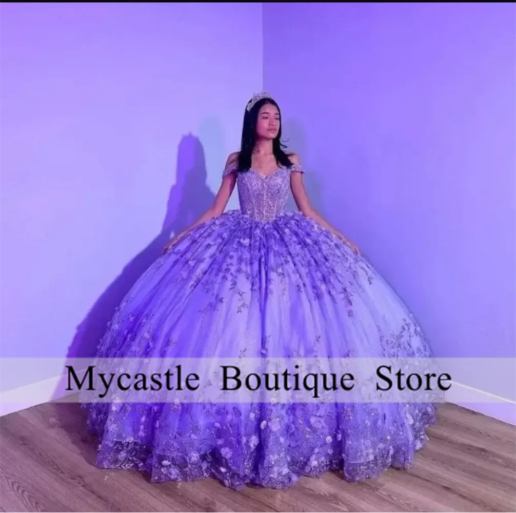 Vestidos de quinceañera de princesa hinchados brillantes morados 2025, cuentas con hombros descubiertos, Gillter Floral 3D con cordones, Vestidos personalizados de 15 años