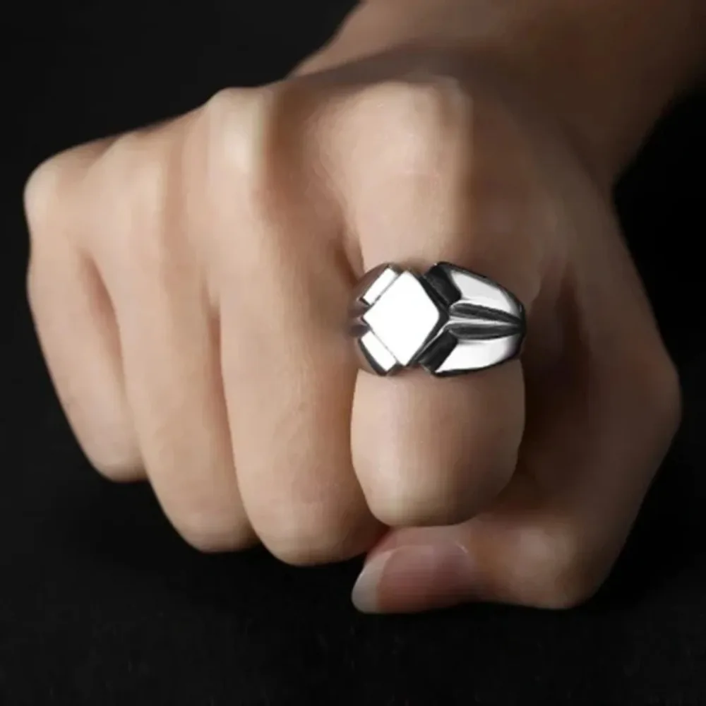 Retro Punk Ring for Men Boy Geometric Rhombus Rings Vintage Oxidized Silver Color Rock Finger Trendy Male Jewelry