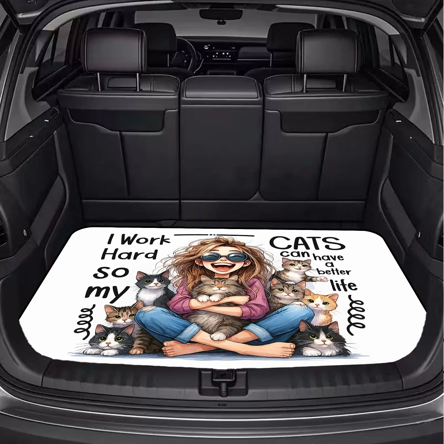 Car Trunk Mat, Girl Hugging Multiple Cats Letter Print Cargo Liner, Non-Slip Rear Trunk Protector, Women Car decor, Car Accessories, Interior Decoration Mat, Universal Fit For SUV Sedan Truck, Cat Lover Fun