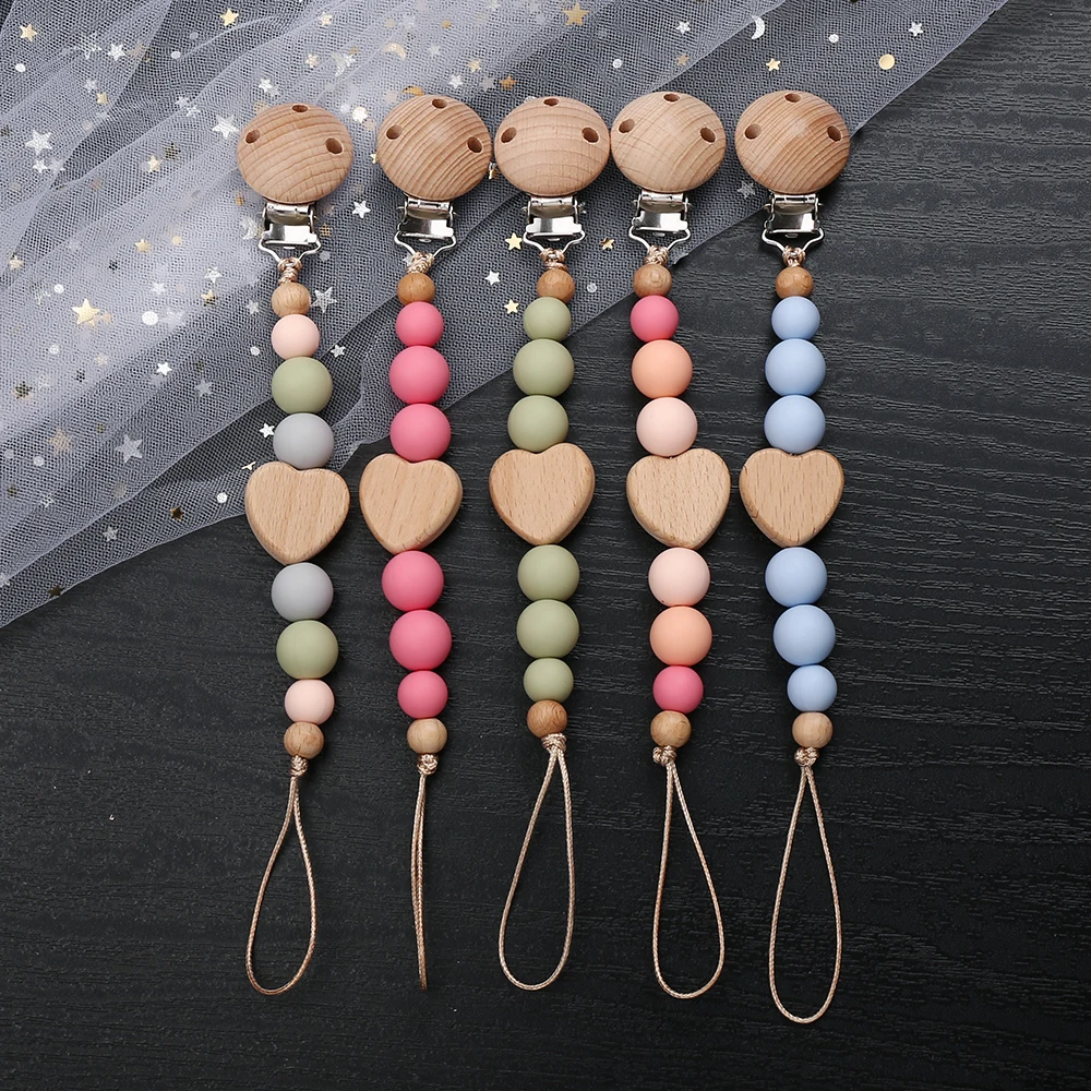 New Beech Wooden Heart Beads Baby Pacifier Chain Clip Silicone Beads Dummy Nipple Holder Teether Pendant for Newborn Toys Gift