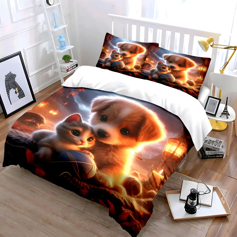 Warm pets cuddling puppy at night Duvet Cover Set with 3D Printing Design Soft Polyester Bedding Set All-Season Comfort