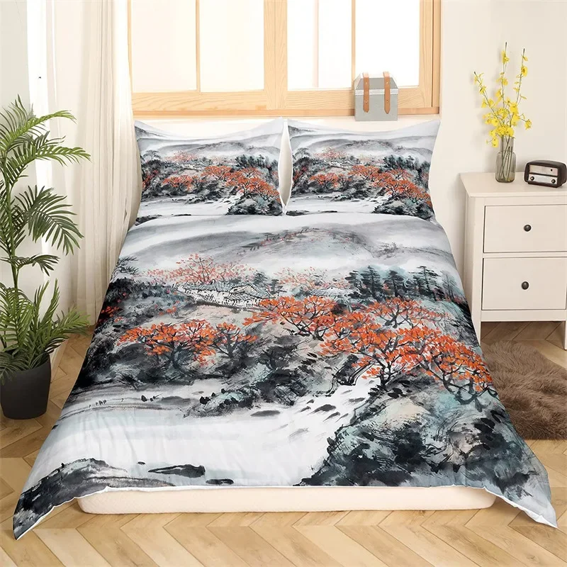 Cherry Blossom Bedding Set Flower Branch Duvet Cover Japanese Style Botanical Landscape Paintings Comforter Cover Bedroom Decor