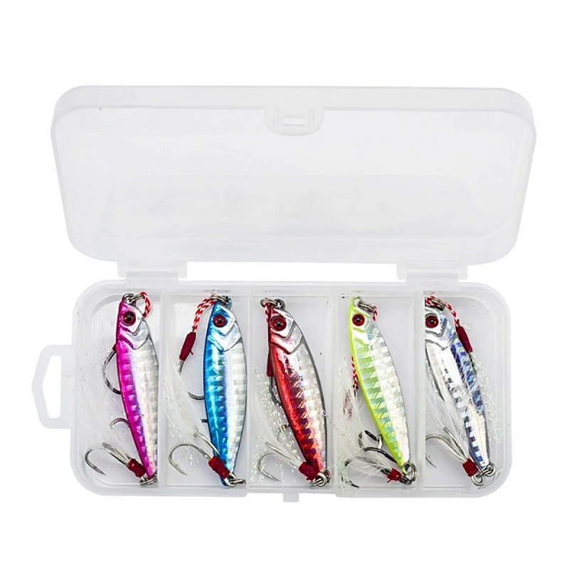 5 Stück Angelköder im Karton, 7 g/10 g/15 g/20 g/30 g, Laserköder, Metallguss-Jig, Trolling, sinkender Minnow für Süßwasser, Salzwasser – Detail 1