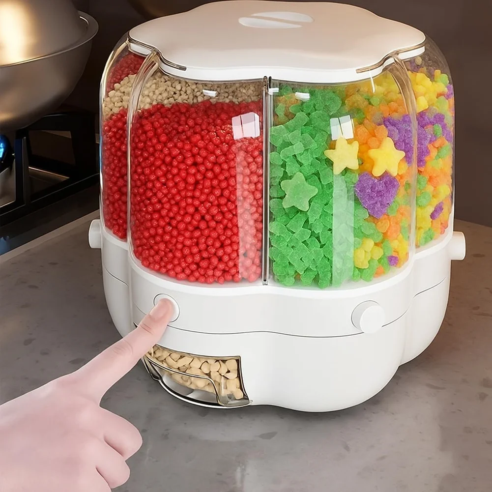 

Диспенсер для конфет BHTS, 360 ° Вращающийся контейнер с 6 секциями для хранения овсяных хлопьев и круп, белый (6,5 кг)