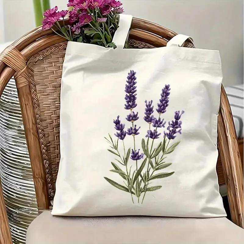 Botanical Lavender Canvas Tote Bag Women Artistic Purple Flower Printed Shopper Bag Summer Beach Bag Nature Lover Gift Purse