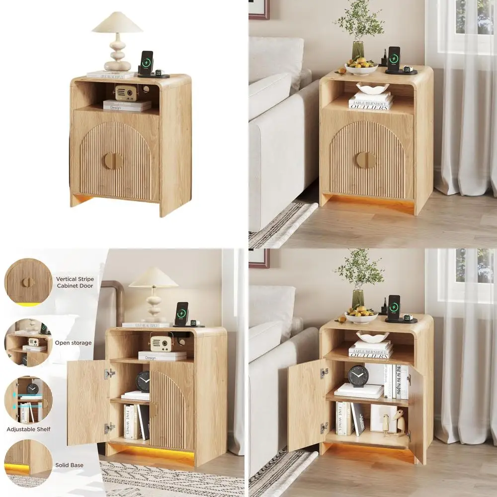 Table de chevet avec Station de recharge éclairée par LED, armoire réglable et porte cannelée, Table d'appoint moderne pour chambres à coucher
