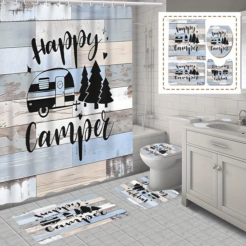 

Happy camper waterproof shower curtain set with hooks, non-slip bath mat, toilet seat cover, and rug-polyester, woven, water-res