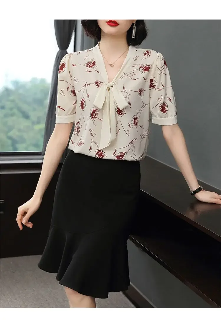 Chemise en mousseline de soie florale pour femmes d'âge moyen, à la mode et à la mode, avec nœud, banderole, manches courtes, nouvelle collection