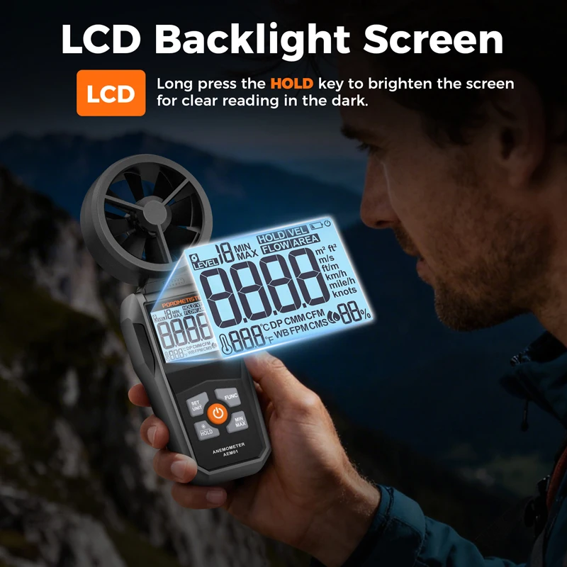 POROMETISTO AEM01 All-in-One Anemometer Handheld Windmeter Wind Speed Flow Level Temperature Humidity Meter With LCD Backlight