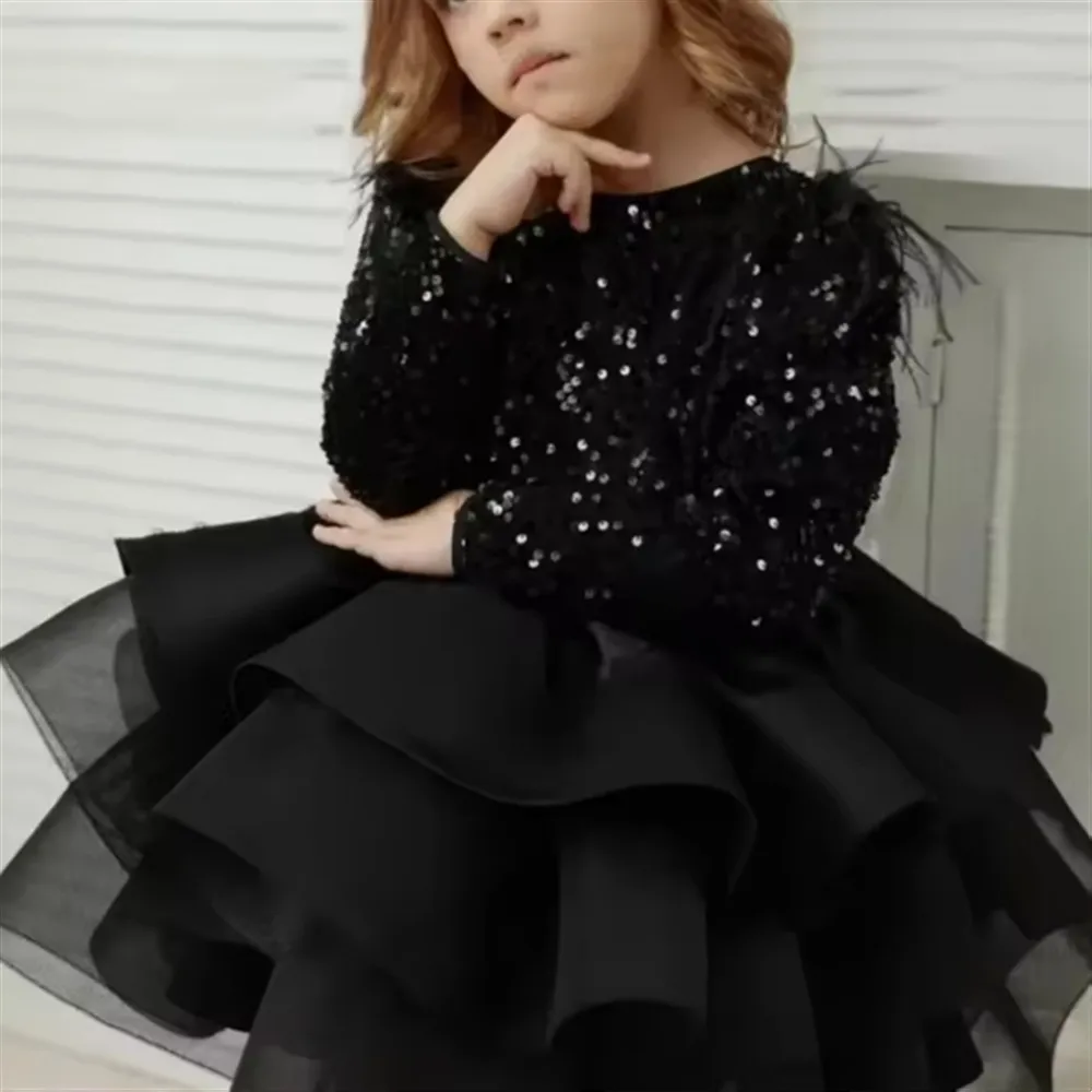 Abito da sposa per ragazza di fiore di lusso con volant nero con paillettes soffici strati per bambini, abito da festa di compleanno, abito da prima comunione personalizzato