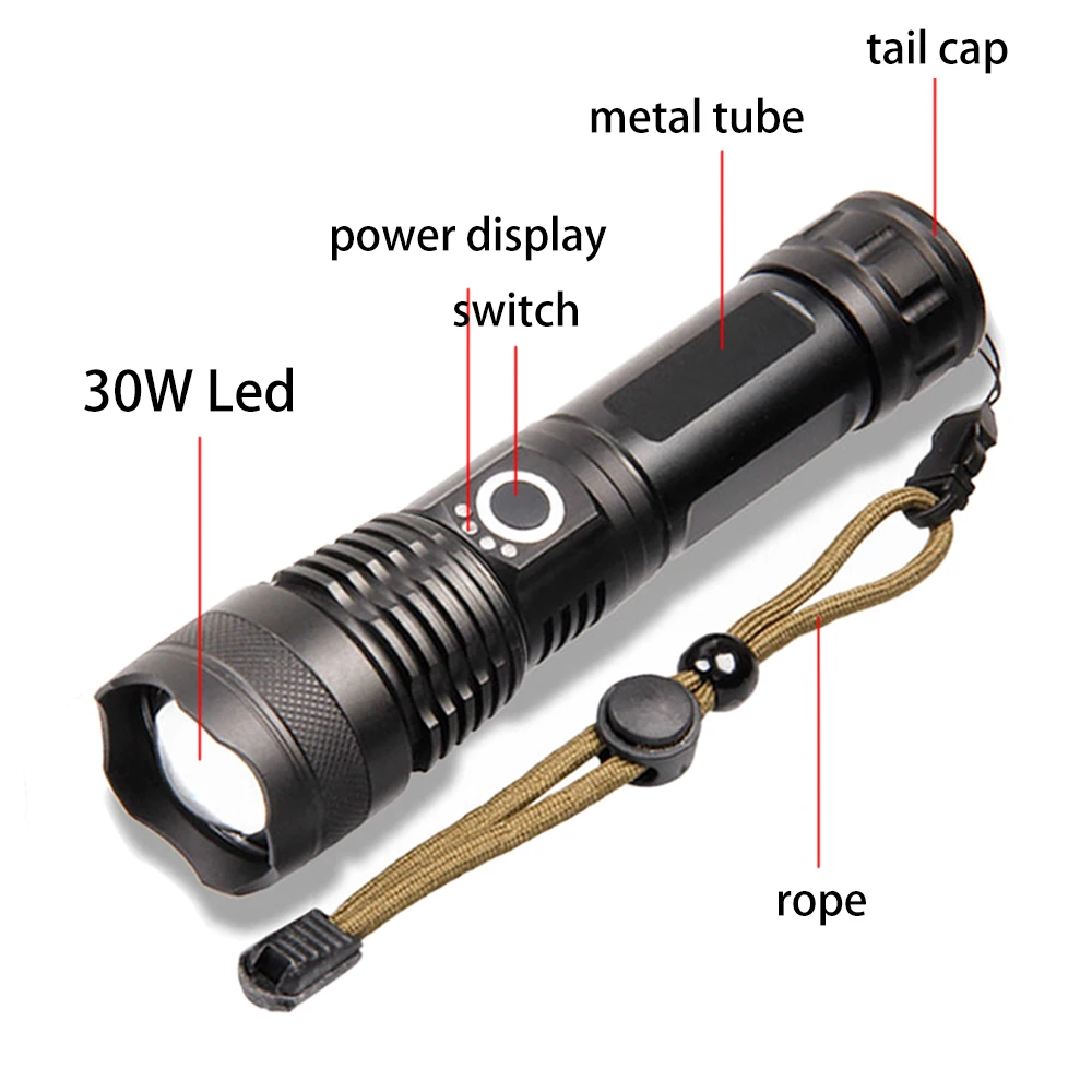 High Power Led Flashlight USB Rechargeable Torch Light Long Shot 30W Ultra Powerful Flashlight for Outdoor Camping Hiking