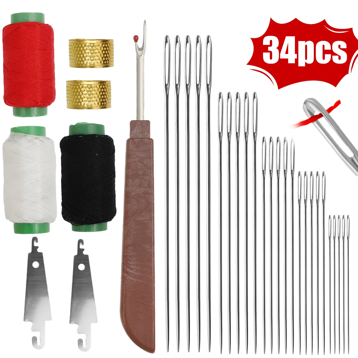 31/34pcs Stainless Steel Sewing Needles Set Embroidery Cross Large Eye with Thread Multi Size DIY Clothing Sewing Manual Tools