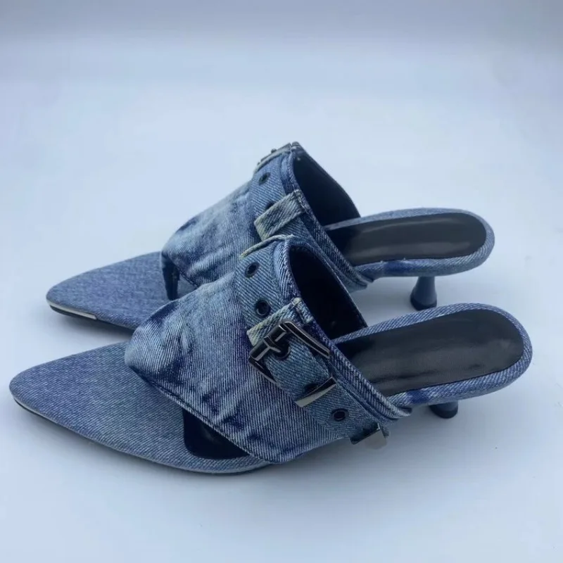 

Brand Blue Denim Belt Buckle Hollow Out Fashion Slippers Summer New Comfortable Women's 5.5cm Low Heel Commuting Sandals Size 43