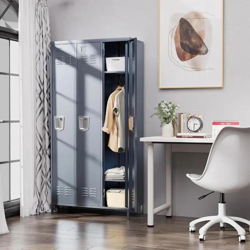 3 Door Metal Lockers for Employees Heavy Duty Hooks 72 Secure Storage for Home Offices Schools Gyms Gray